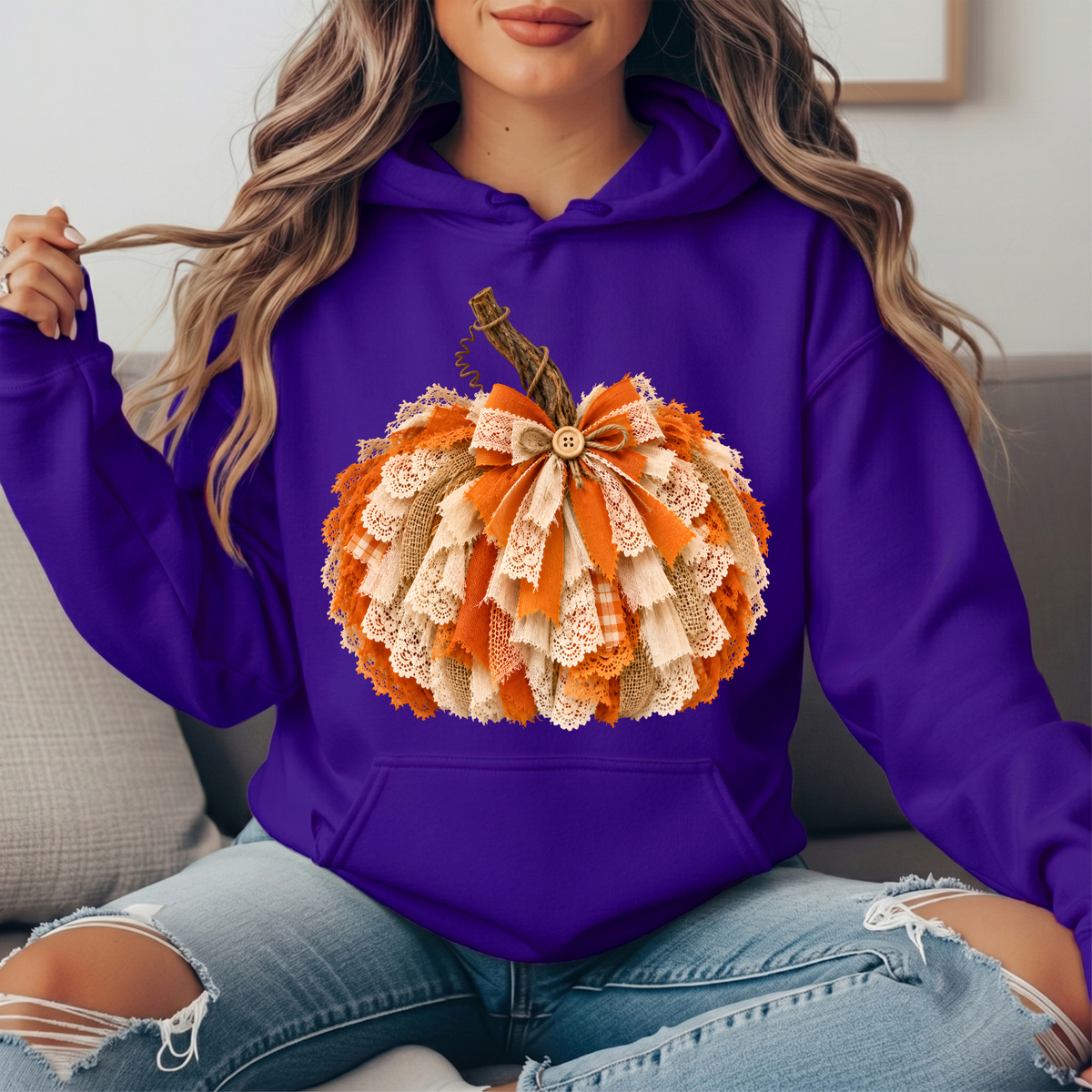 Rustic Lace & Burlap Pumpkin Graphic Hoodie