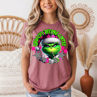 Grinchy Before Coffee Pink Checkerboard Christmas Graphic Tee