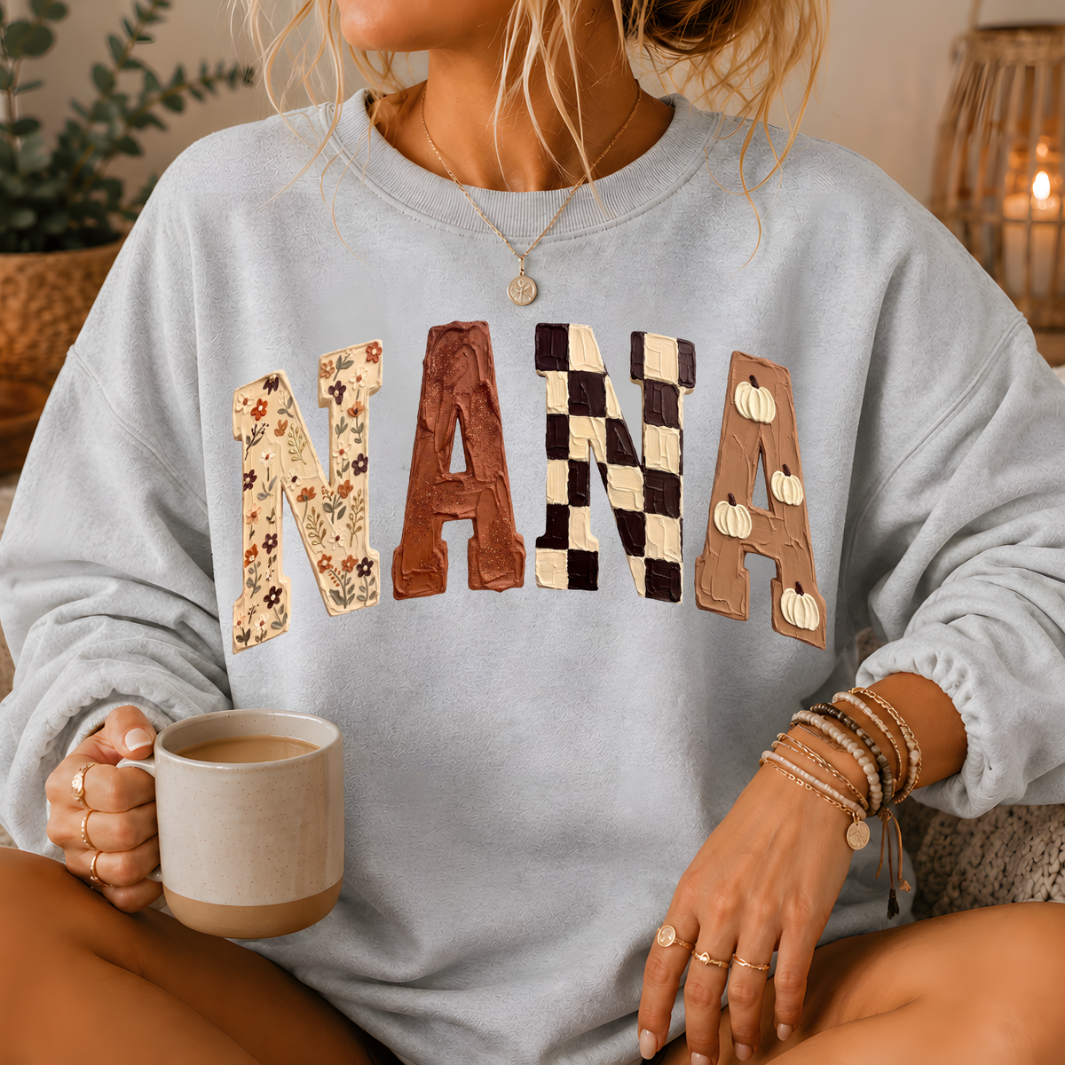 Nana Fall Patchwork Print Crewneck Sweatshirt