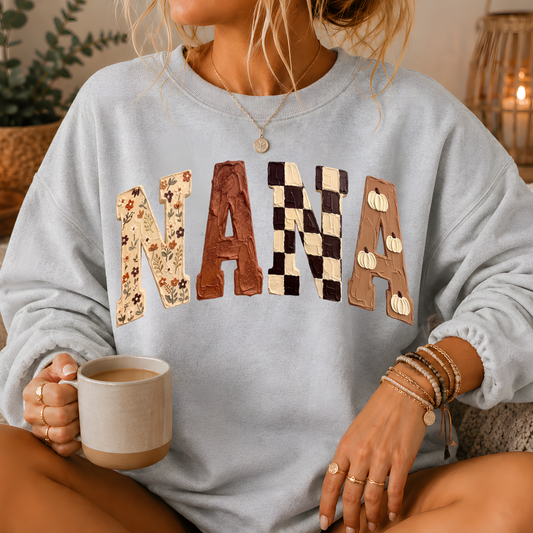 Nana Fall Patchwork Print Crewneck Sweatshirt