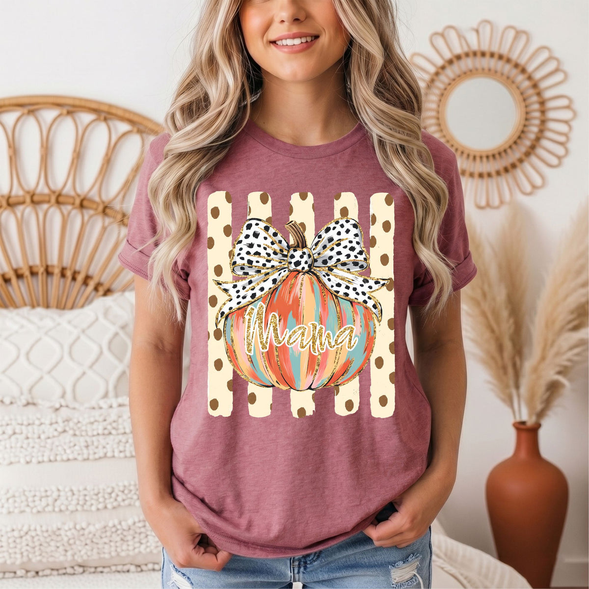 Mama Pumpkin & Spotted Bow Fall Graphic Tee