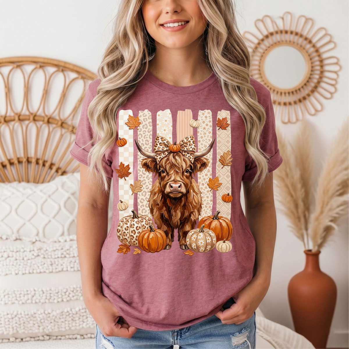 Fall Highland Cow Leopard Bow & Pumpkin Graphic Tee