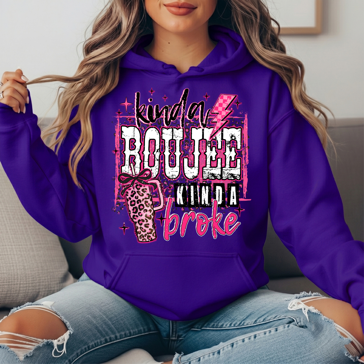 Kinda Boujee Kinda Broke Pink Leopard Graphic Hoodie