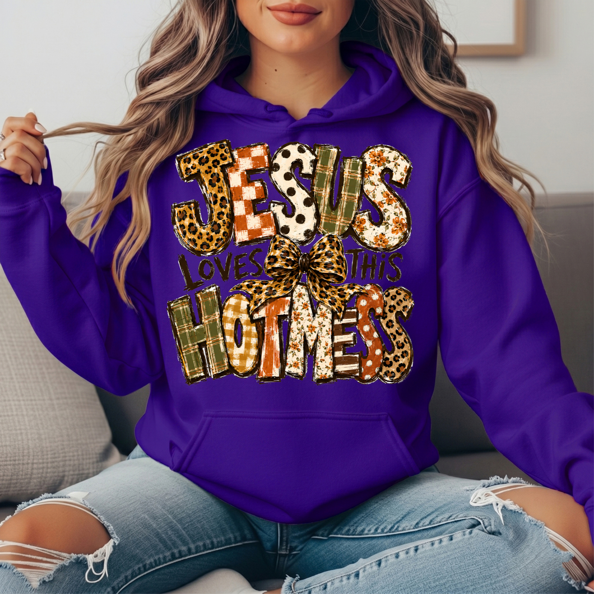 Jesus Loves This Hot Mess Leopard Bow Graphic Hoodie