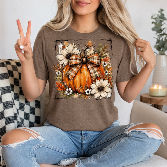 Fall Pumpkin Floral & Plaid Bow Graphic Tee