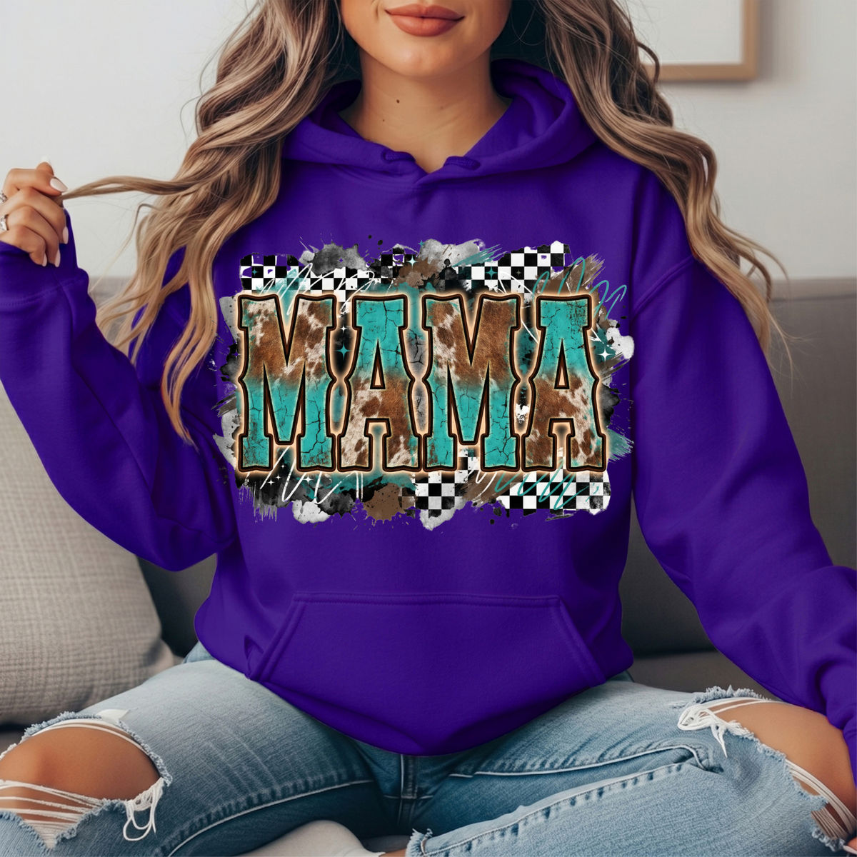 Turquoise Cowhide Mama Western Graphic Hoodie