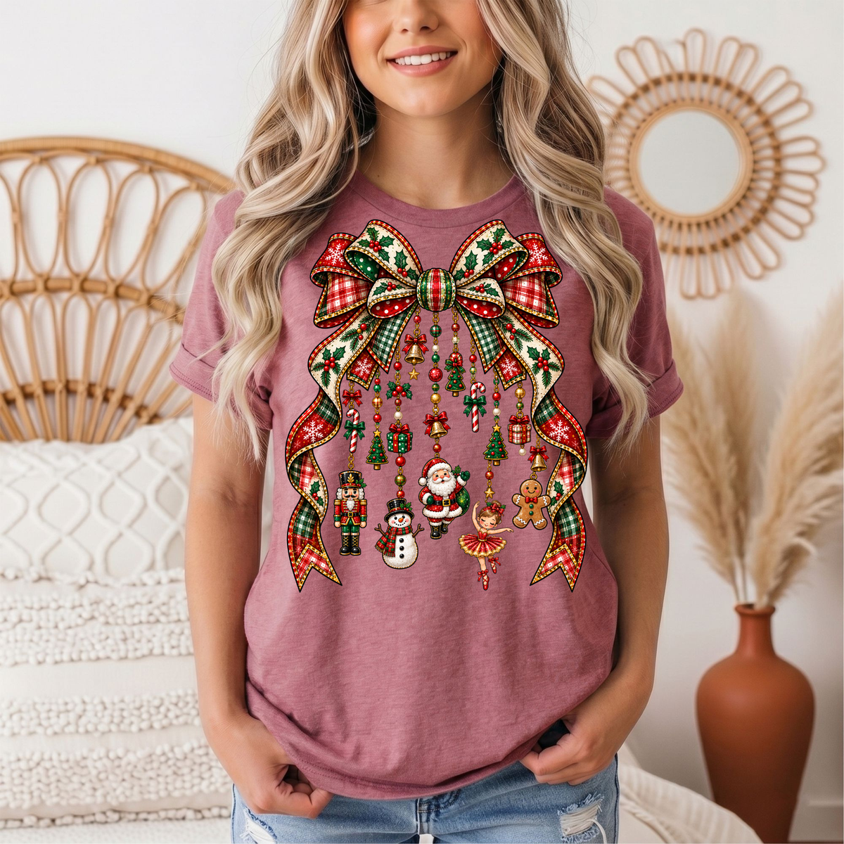 Christmas Plaid Bow & Holiday Charms Graphic Tee
