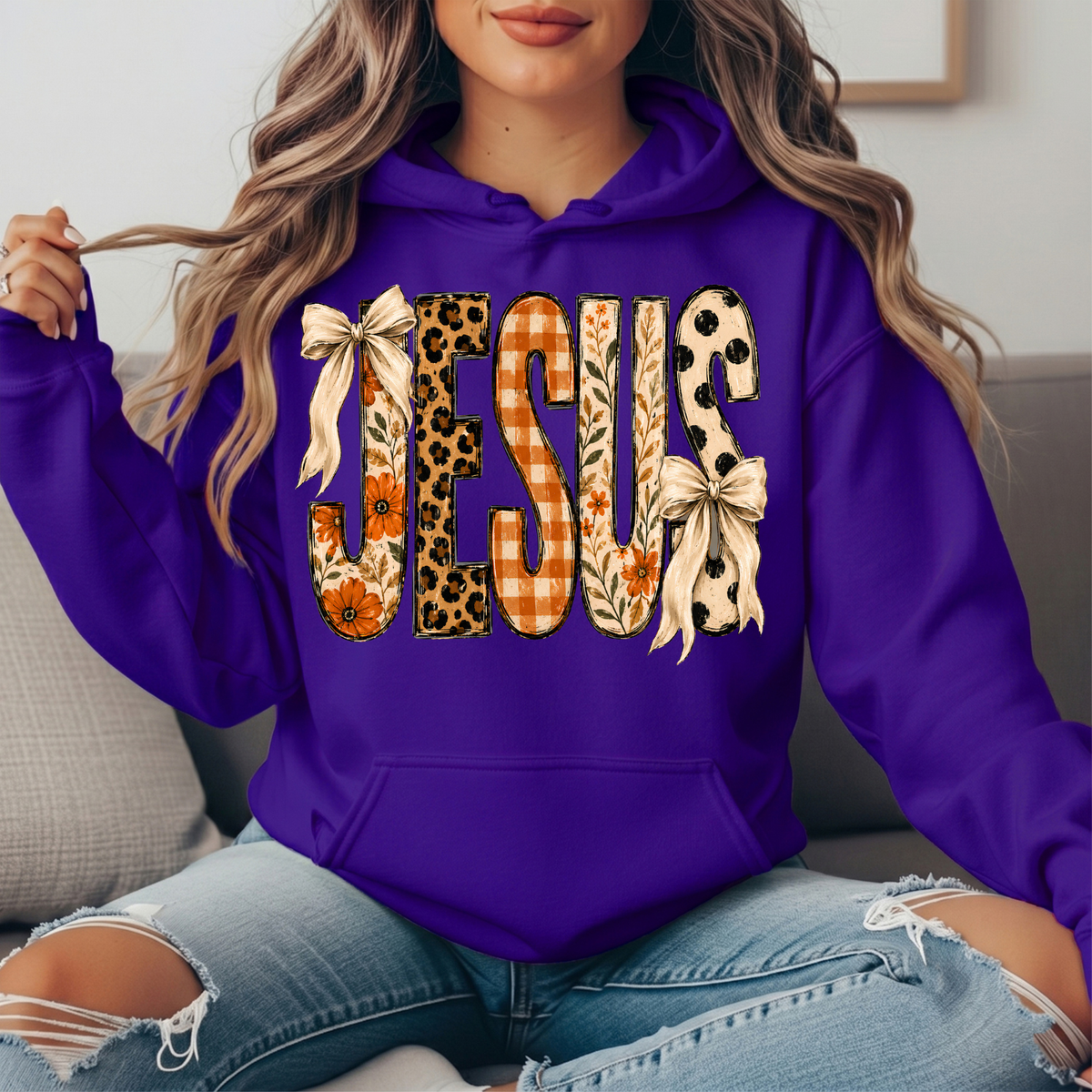 Jesus Patchwork Floral & Bow Graphic Hoodie
