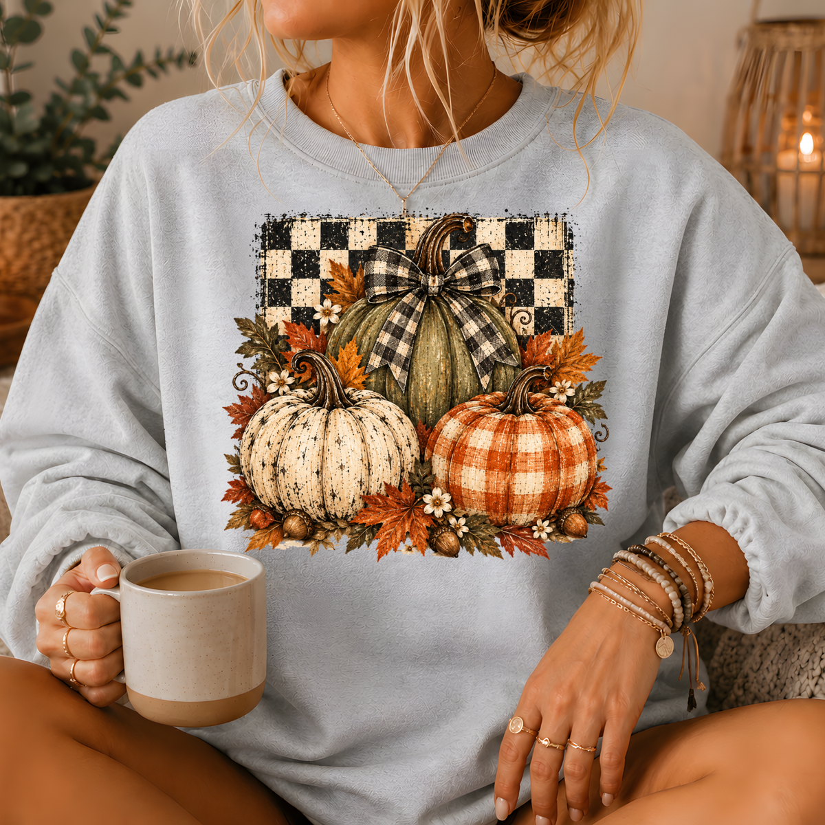 Pumpkin Plaid Bow Floral Crewneck Sweatshirt