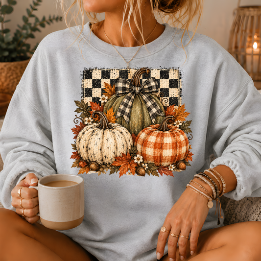 Pumpkin Plaid Bow Floral Crewneck Sweatshirt
