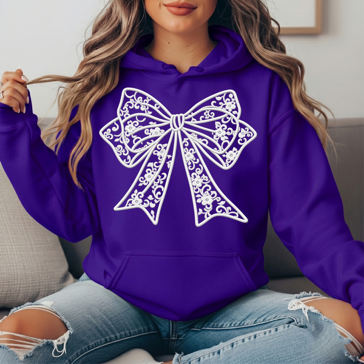 Floral Lace Bow Graphic Hoodie