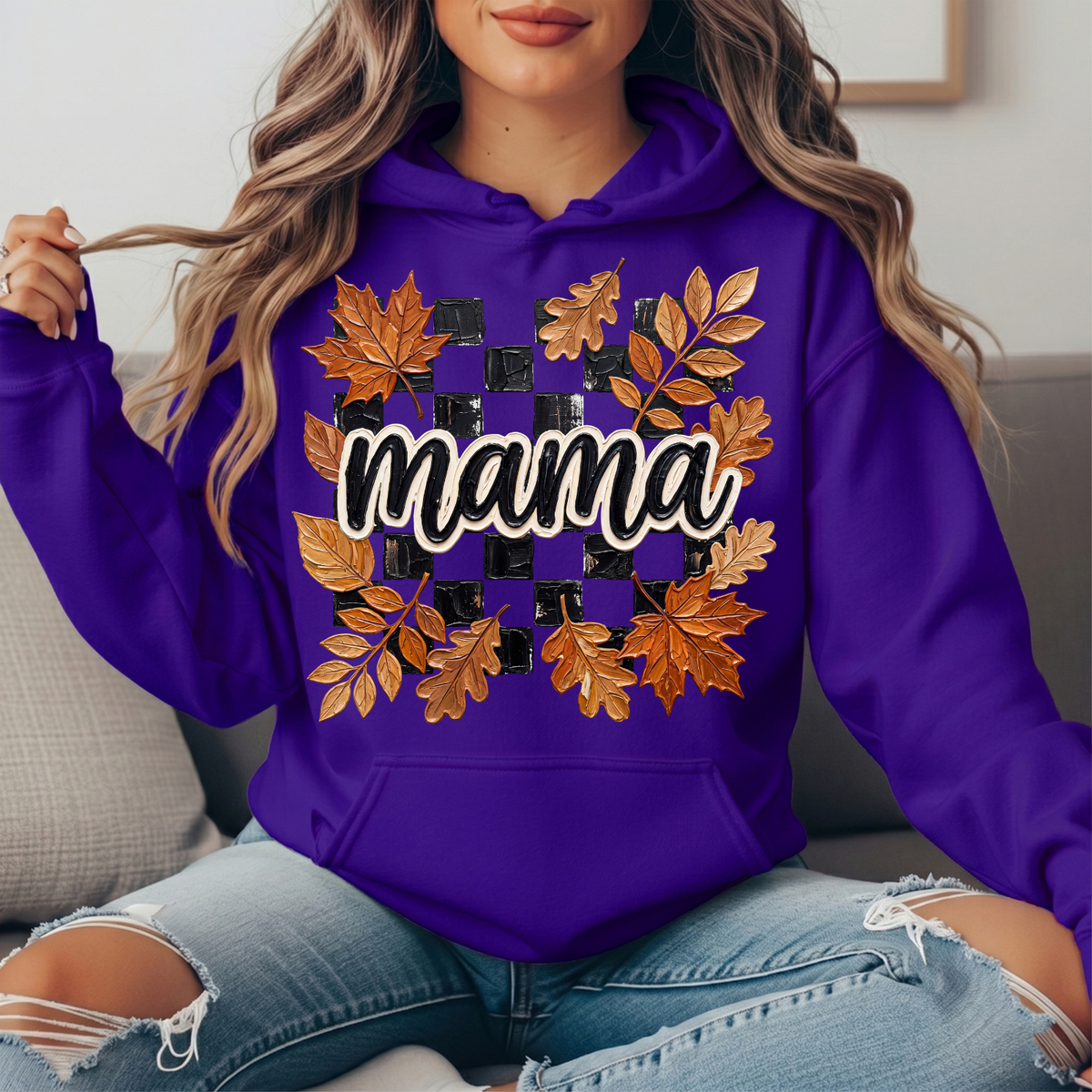 Mama Fall Leaves Checkerboard Graphic Hoodie
