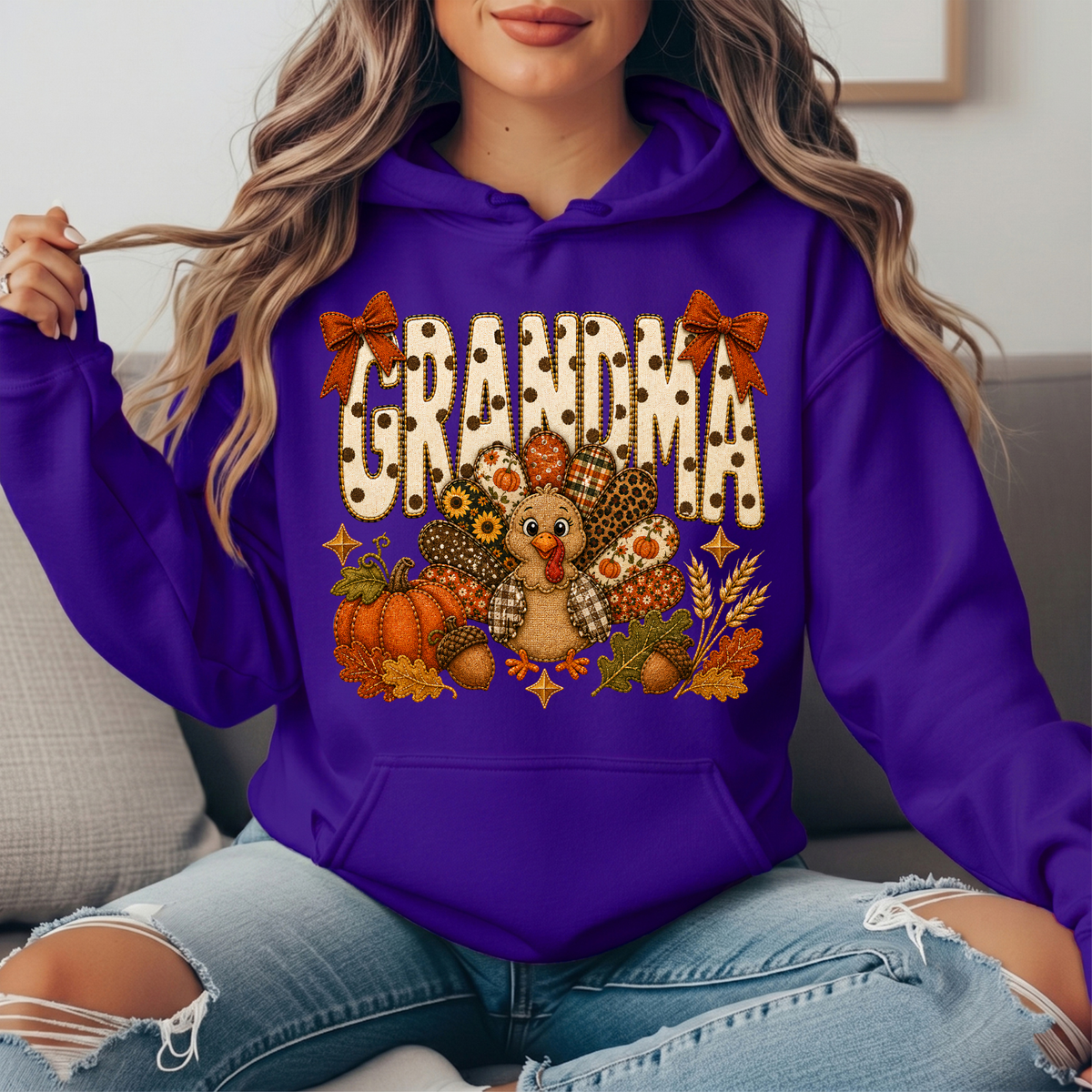 Grandma Thanksgiving Patchwork Turkey Bow Graphic Hoodie