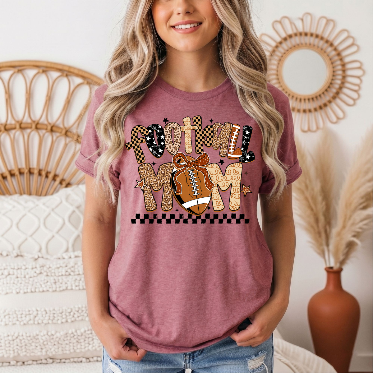 Football Mom Mixed Print Bow & Checkerboard Graphic Tee