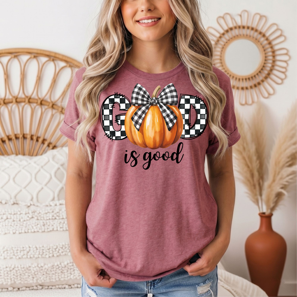 God Is Good Pumpkin & Gingham Bow Graphic Tee