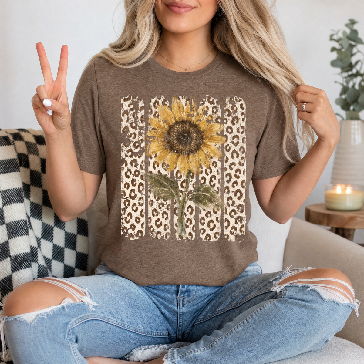 Distressed Sunflower & Leopard Print Graphic Tee