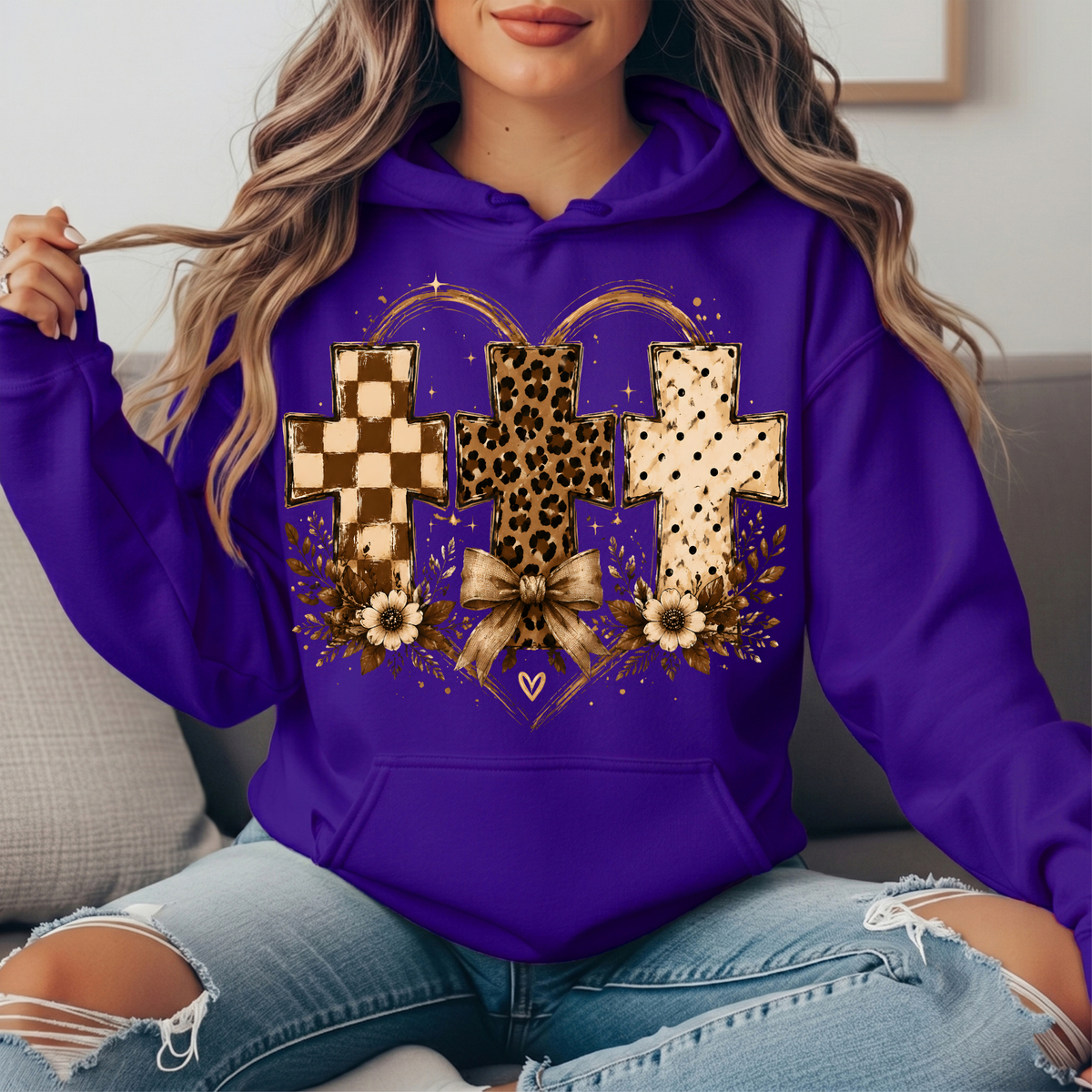 Three Crosses Leopard Floral Bow Graphic Hoodie