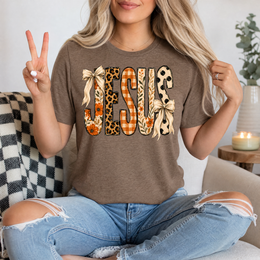 Jesus Floral, Leopard & Gingham Bow Graphic Tee