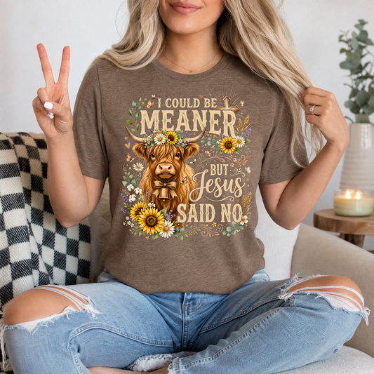 I Could Be Meaner, But Jesus Said No Highland Cow Graphic Tee