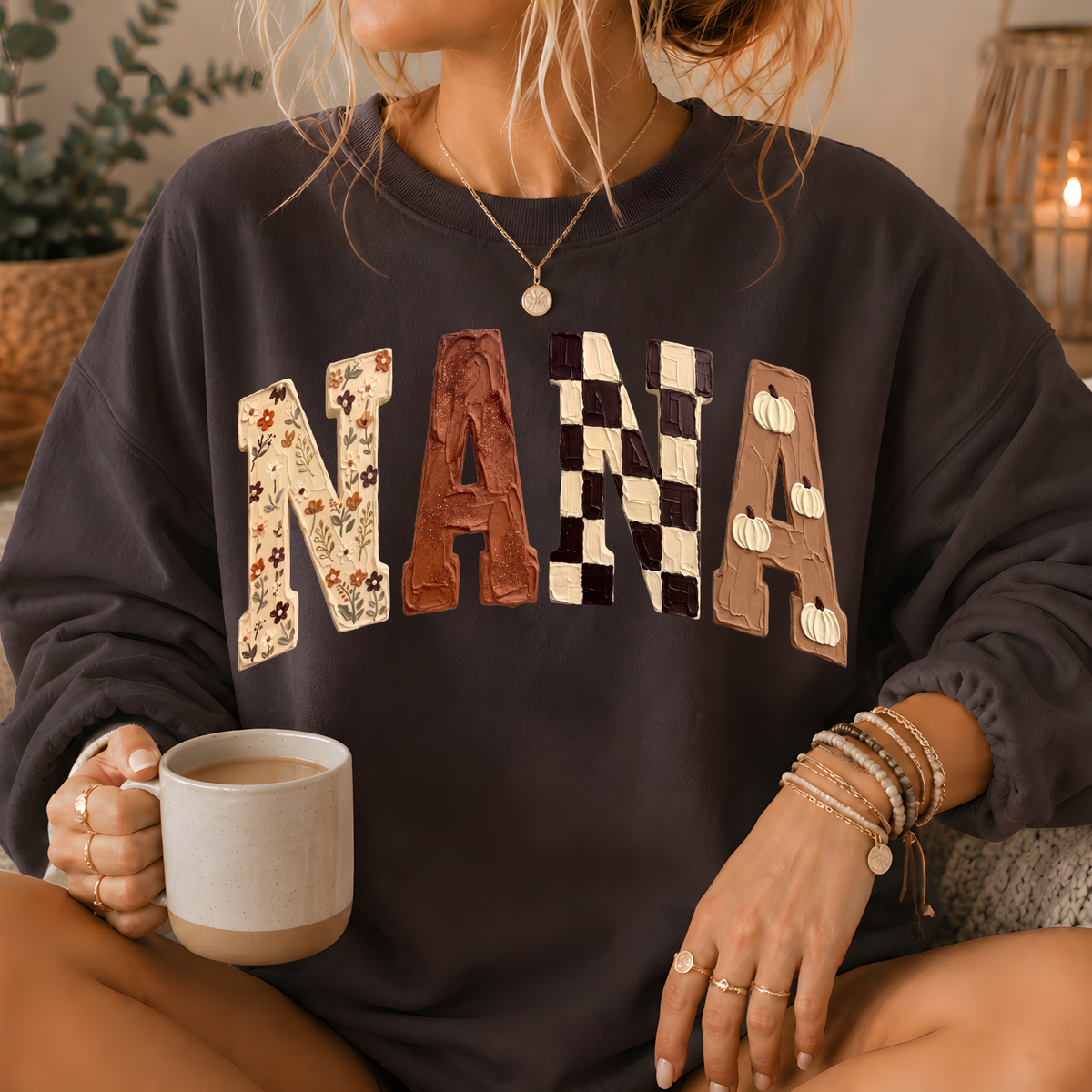 Nana Fall Patchwork Print Crewneck Sweatshirt