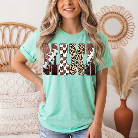 Mama Football & Leopard Mixed Print Graphic Tee