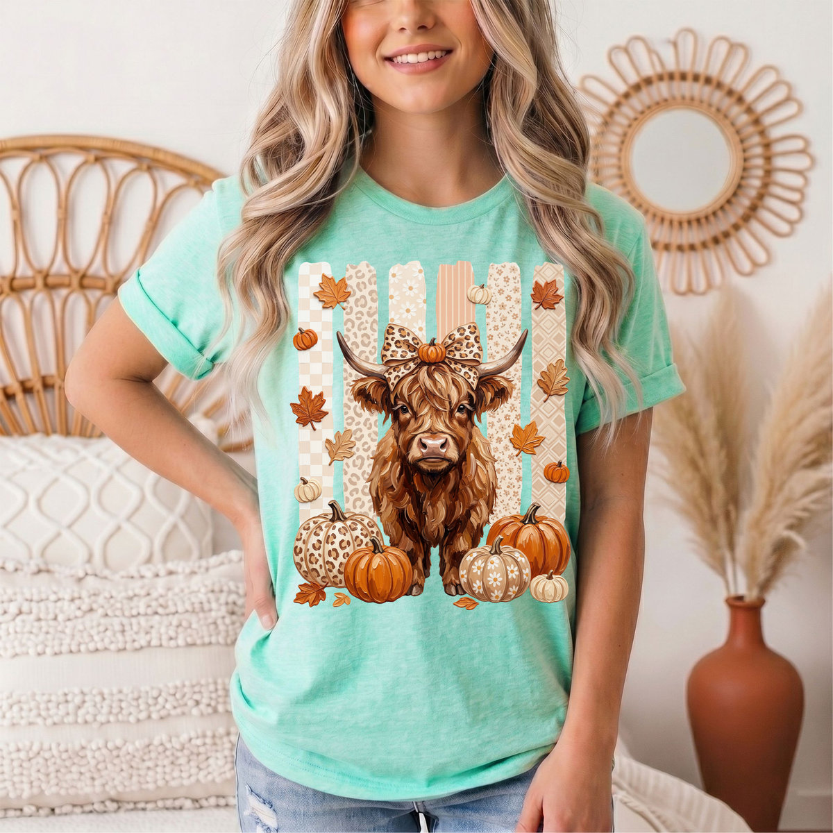 Fall Highland Cow Leopard Bow & Pumpkin Graphic Tee