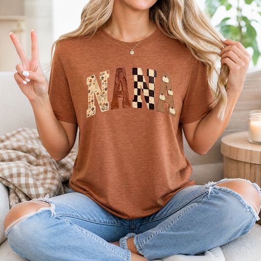 Fall Nana Floral, Checkerboard & Pumpkin Graphic Tee