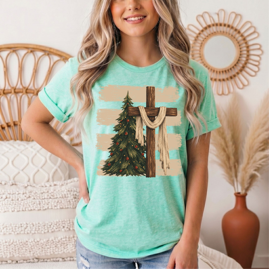 Rustic Cross & Christmas Tree Christian Graphic Tee