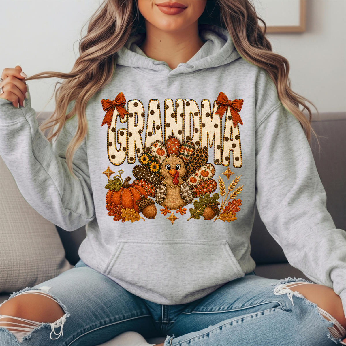 Grandma Thanksgiving Patchwork Turkey Bow Graphic Hoodie