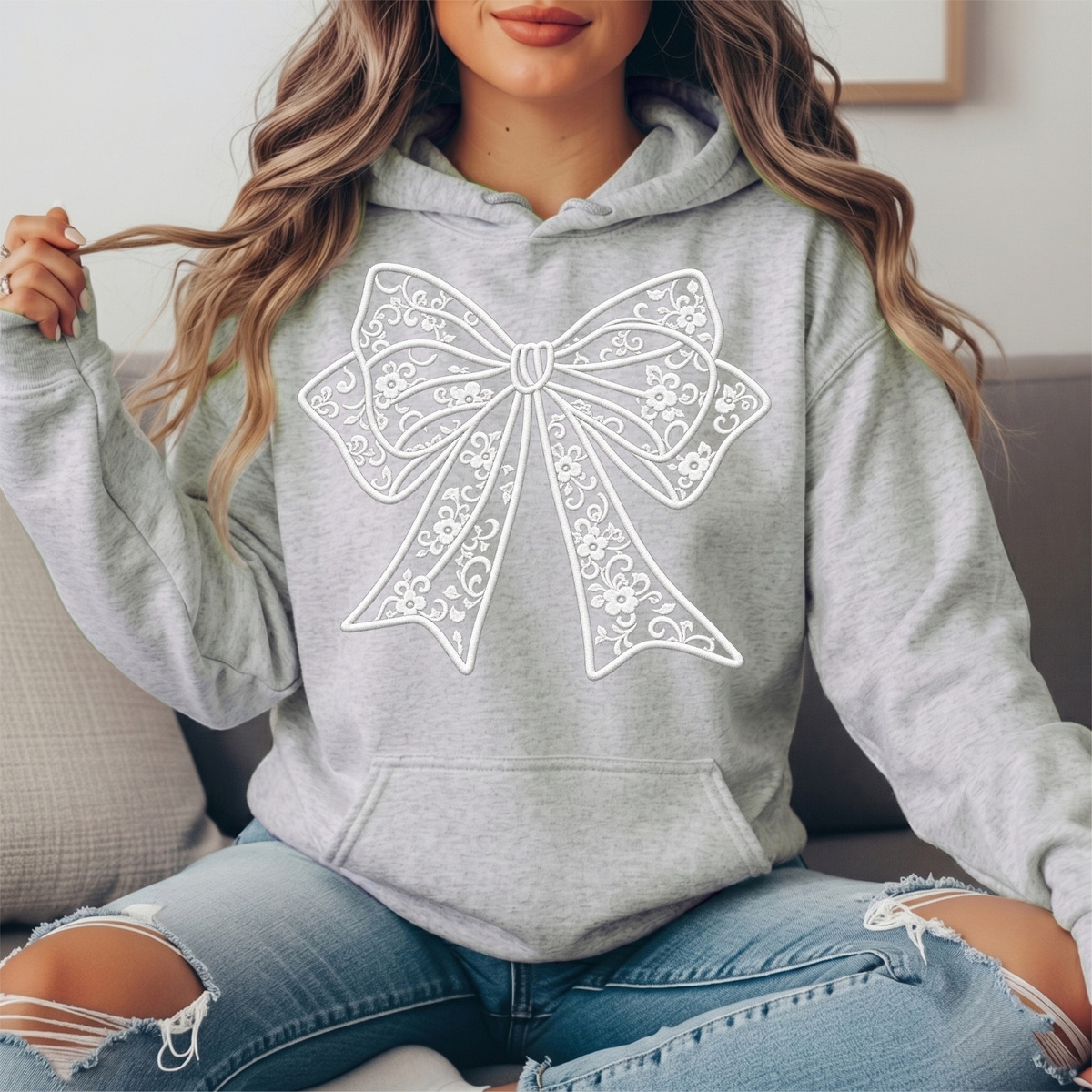 Floral Lace Bow Graphic Hoodie