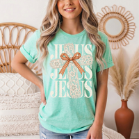 Jesus Lace Cross & Gingham Bow Christian Graphic Tee