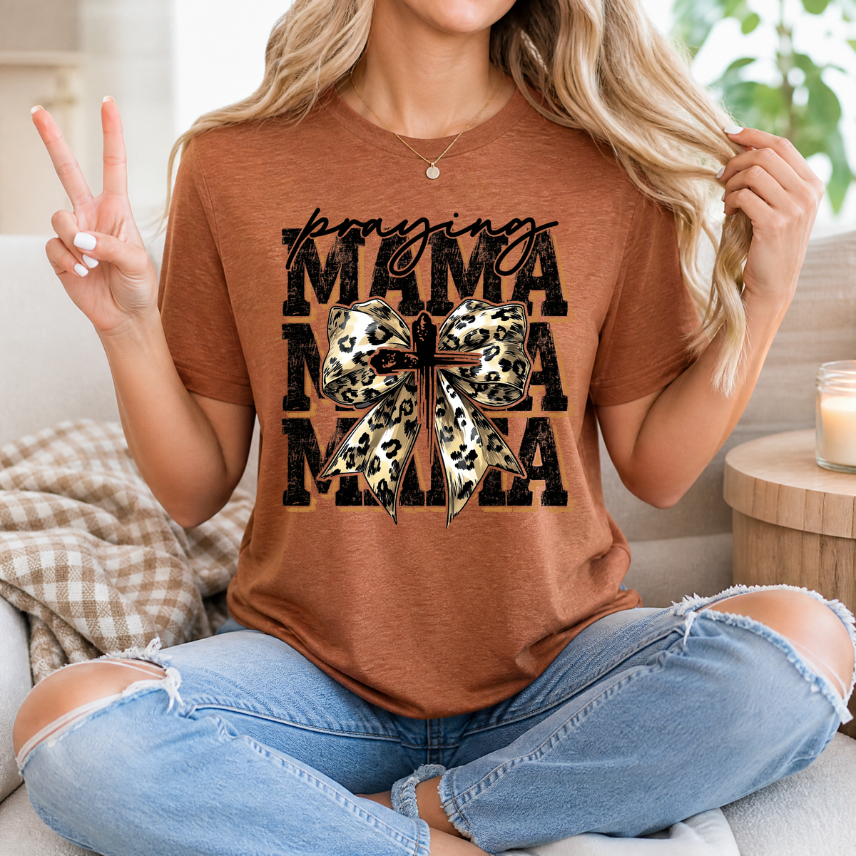 Praying Mama Leopard Bow & Cross Graphic Tee