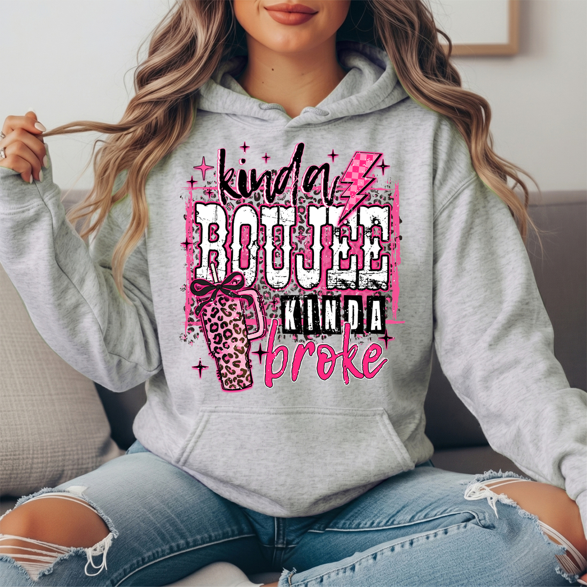Kinda Boujee Kinda Broke Pink Leopard Graphic Hoodie