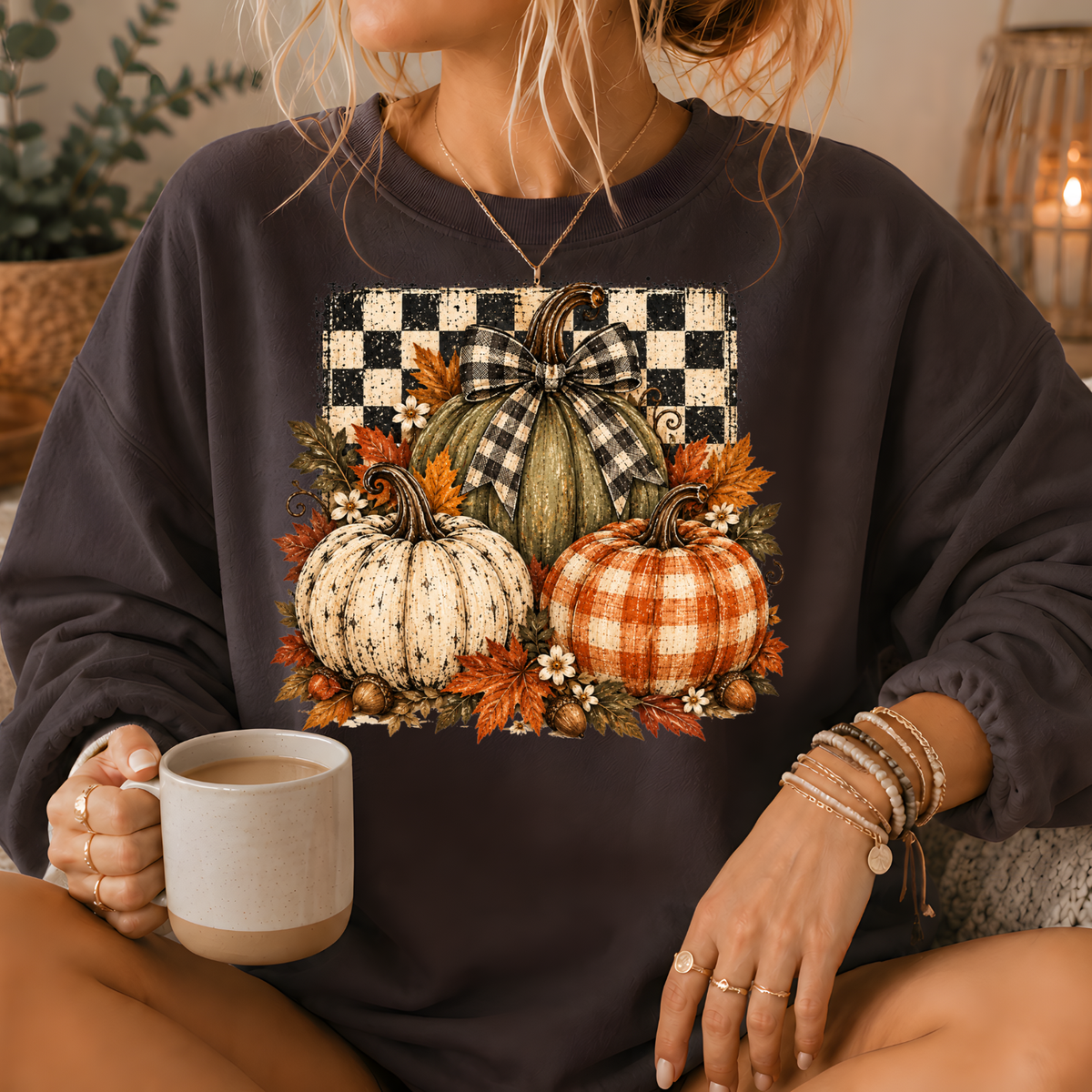 Pumpkin Plaid Bow Floral Crewneck Sweatshirt