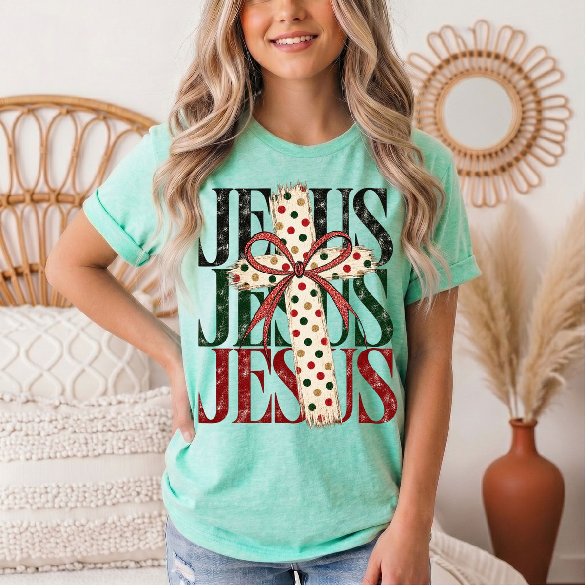 Jesus Christmas Cross & Bow Graphic Tee