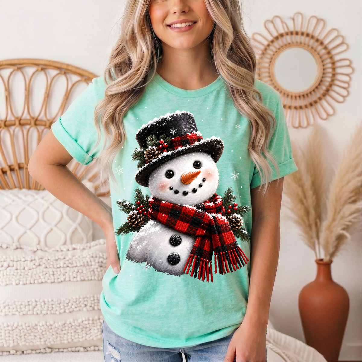 Snowman Buffalo Plaid Scarf Christmas Graphic Tee