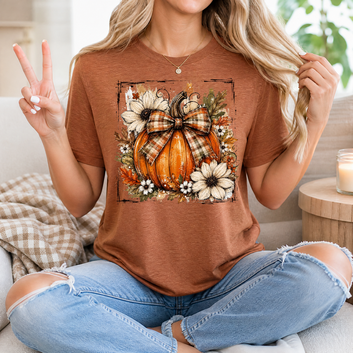 Fall Pumpkin Floral & Plaid Bow Graphic Tee