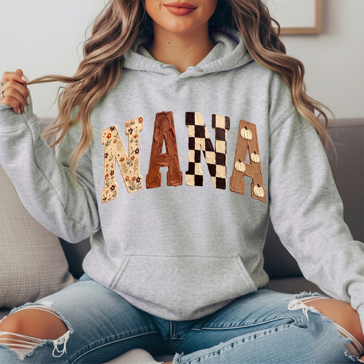 Nana Fall Floral, Checkerboard & Pumpkin Graphic Hoodie