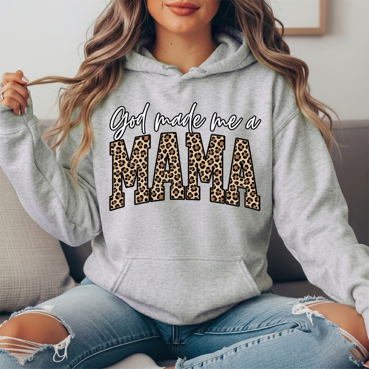 God Made Me a Mama Leopard Print Graphic Hoodie