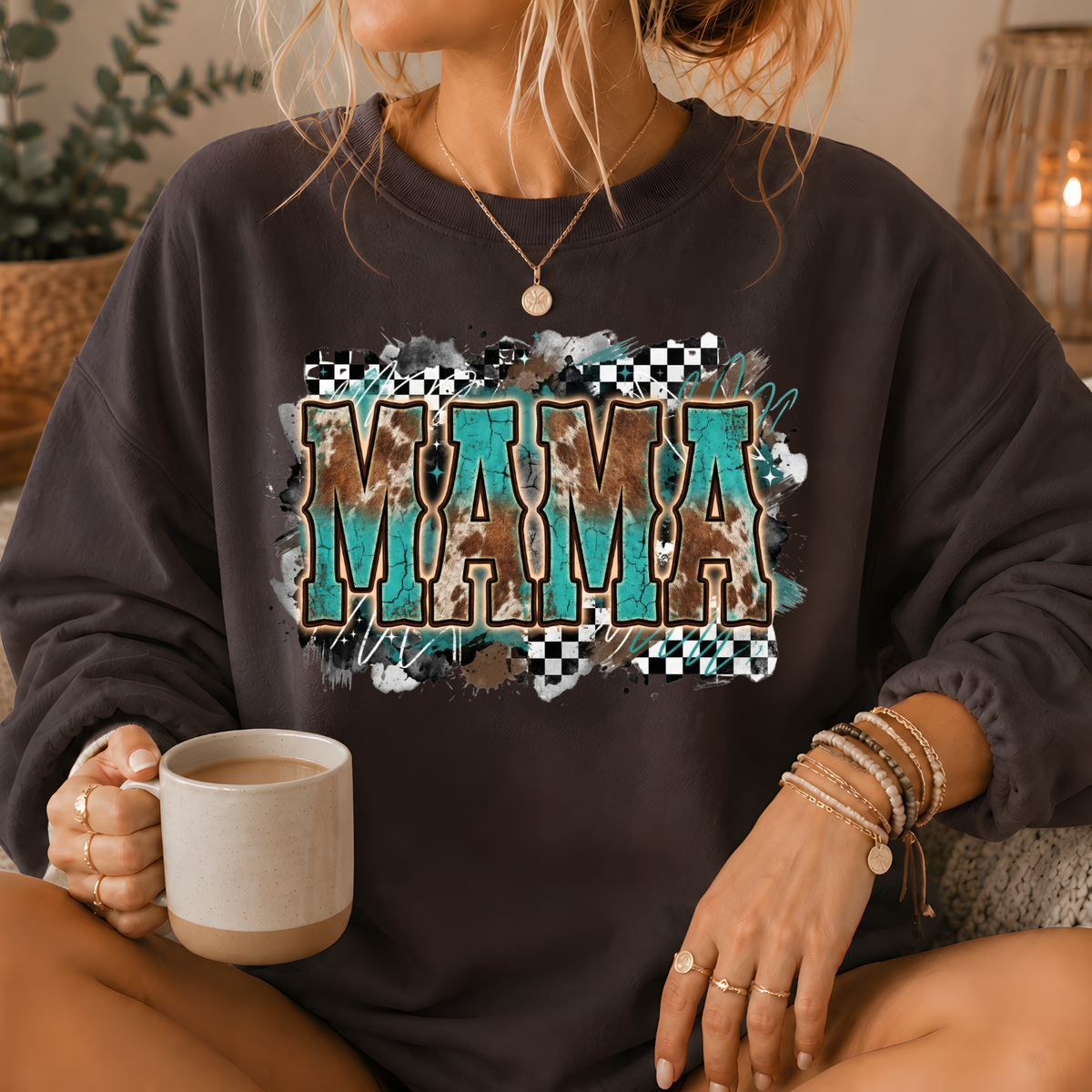 Mama Turquoise Cow Print Western Crewneck Sweatshirt