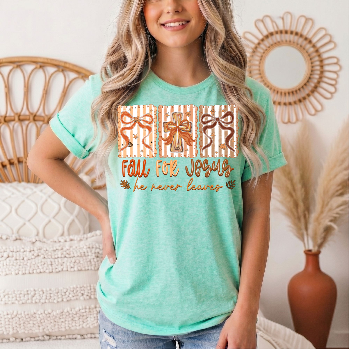 Fall for Jesus He Never Leaves Christian Graphic Tee
