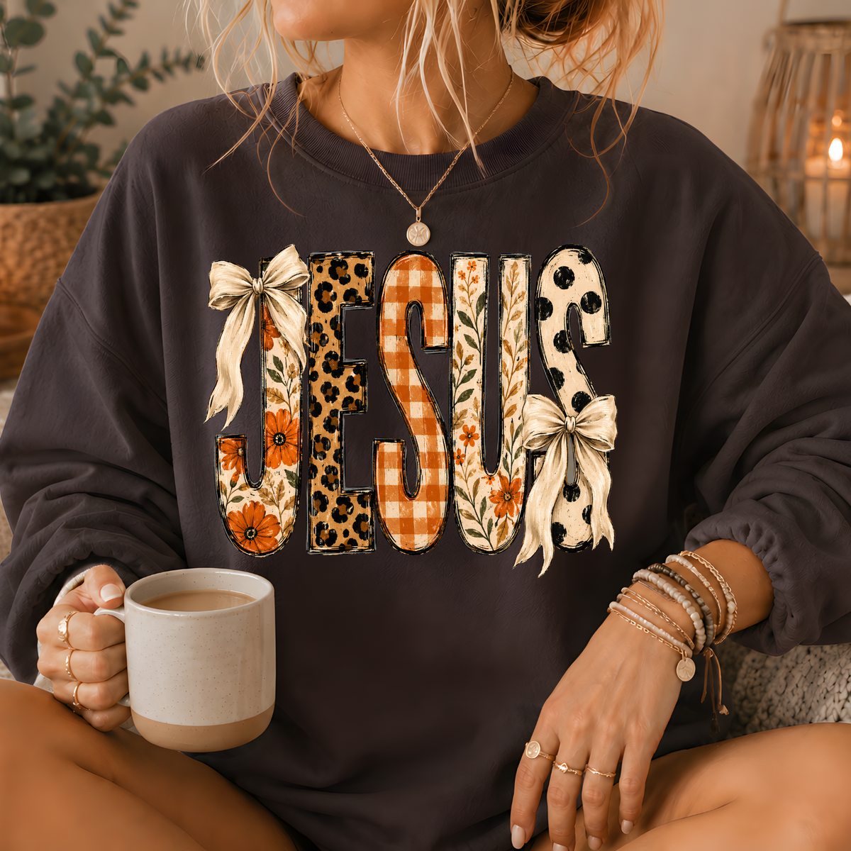 Jesus Mixed Print Bow Crewneck Sweatshirt