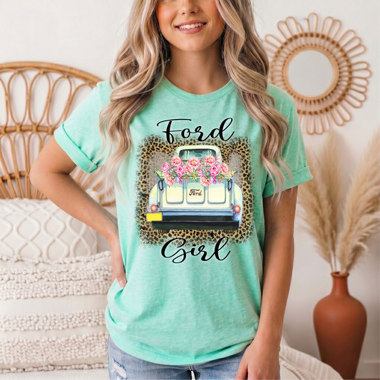 Ford Girl Floral Vintage Truck & Leopard Graphic Tee