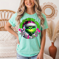 Grinchy Before Coffee Pink Checkerboard Christmas Graphic Tee