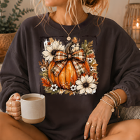 Pumpkin Plaid Bow Floral Crewneck Sweatshirt