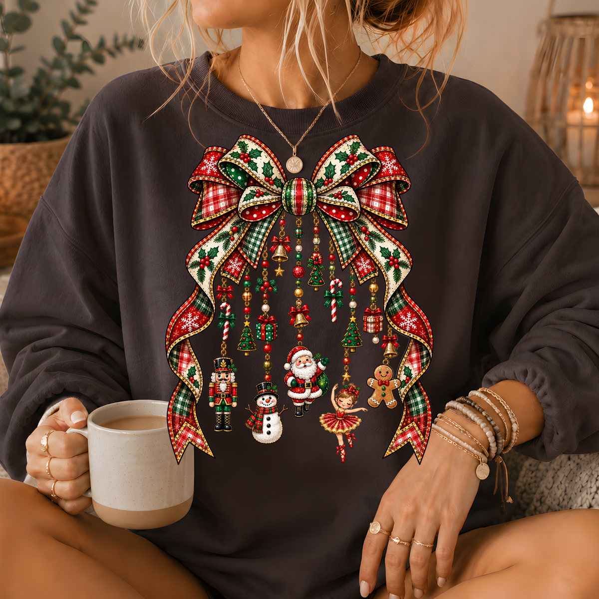 Christmas Plaid Bow Holiday Charms Crewneck Sweatshirt