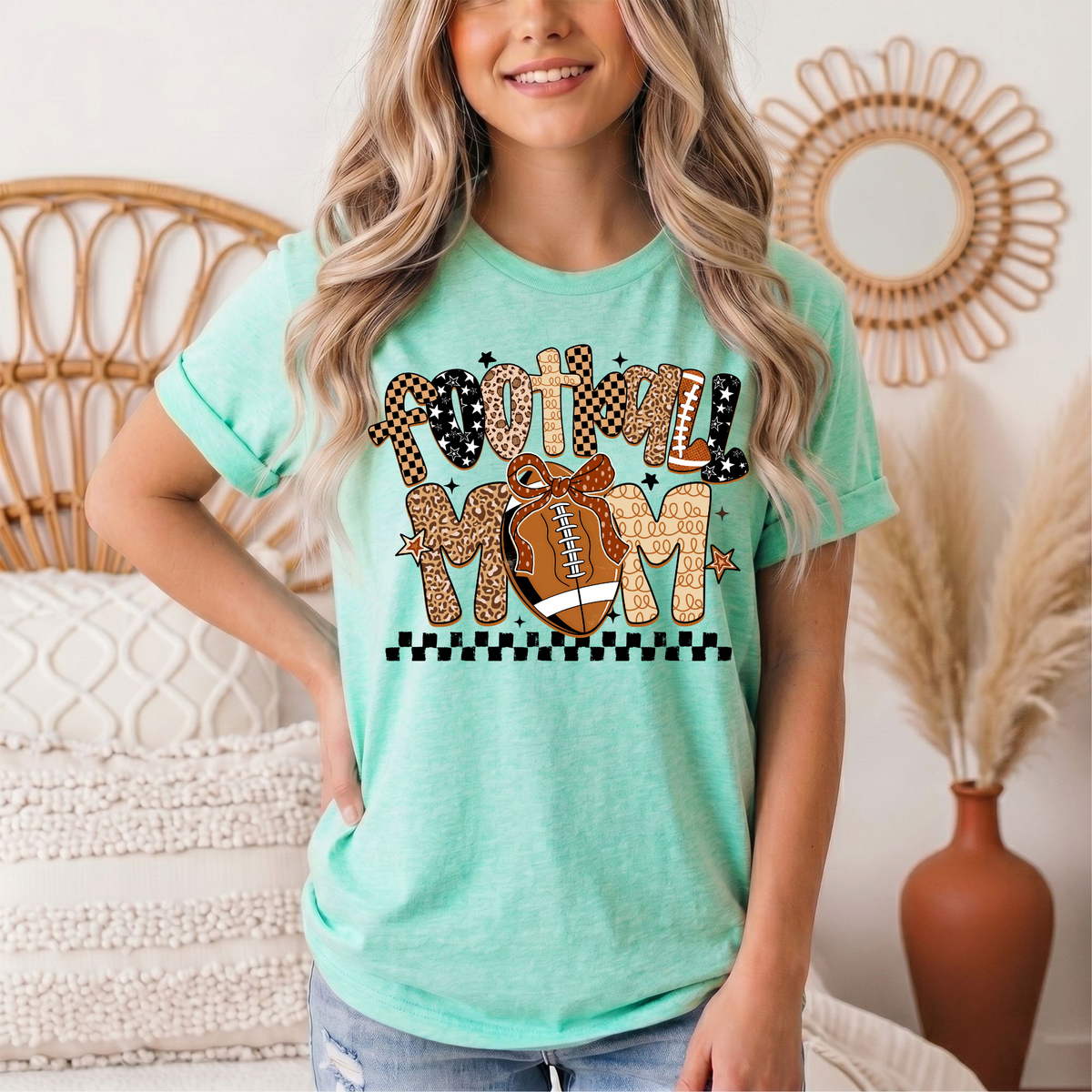 Football Mom Mixed Print Bow & Checkerboard Graphic Tee