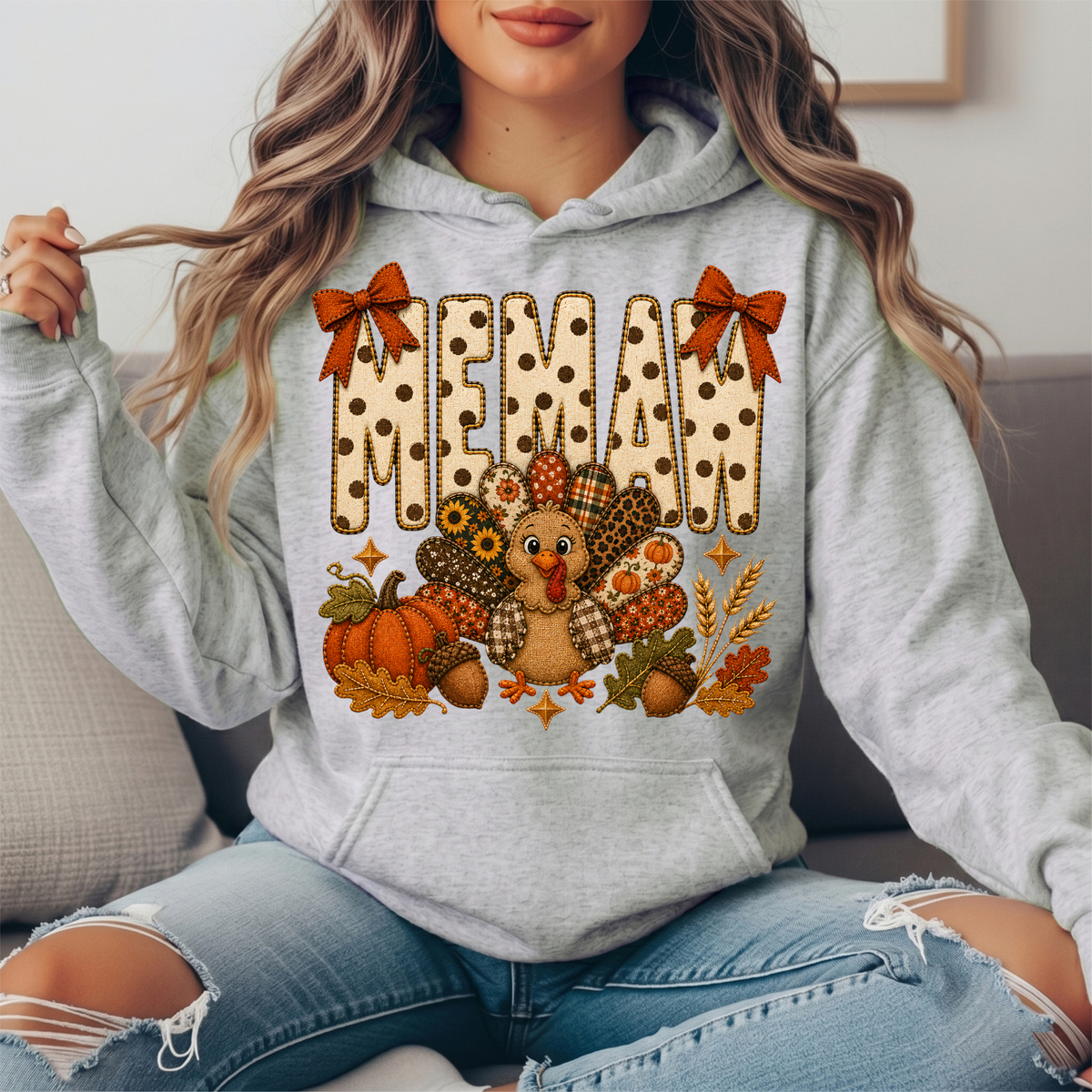 Memaw Thanksgiving Turkey & Rust Bows Graphic Hoodie
