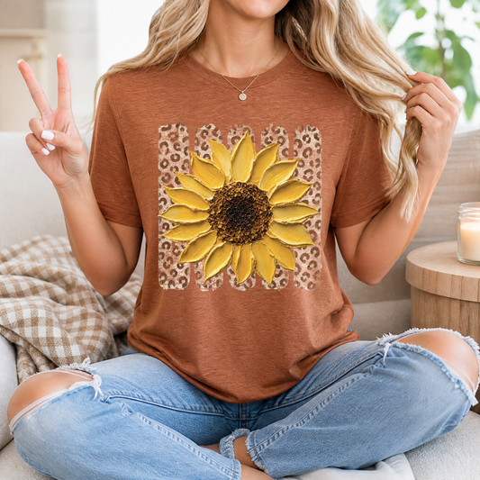 Painted Sunflower & Leopard Print Graphic Tee