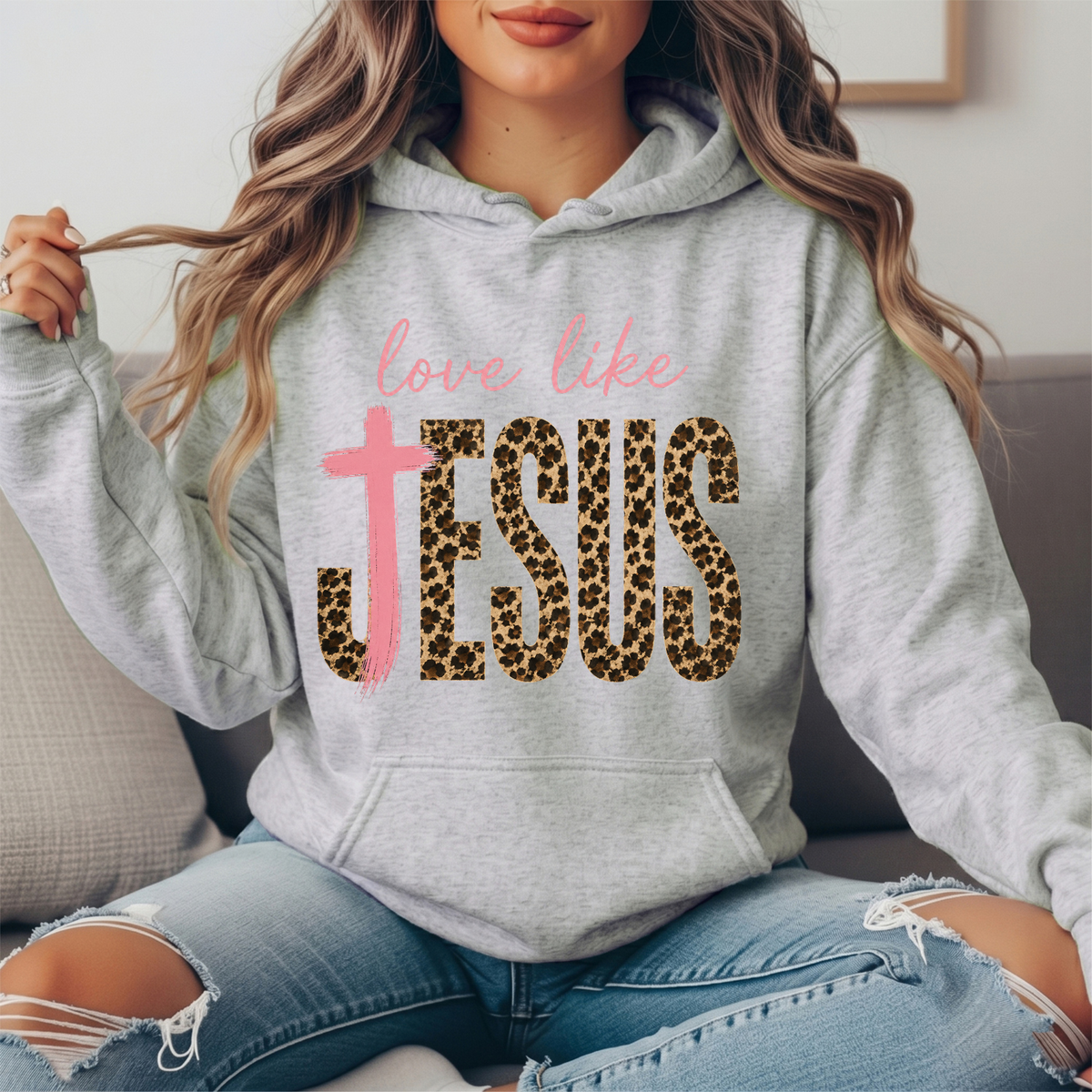 Love Like Jesus Leopard Print Cross Graphic Hoodie